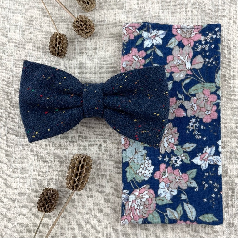 Men’s Navy Donegal Tweed Bow Tie & Boho Style Floral Pocket Square
